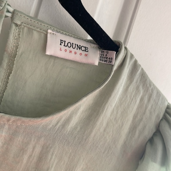 Anthropologie Flounce London Tall satin tiered mini dress in sage green - Picture 7 of 11